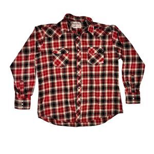 Wrangler Western Shirt Mens XL Red Plaid Flannel Pearl Snap Wrancher Cowboy Logo